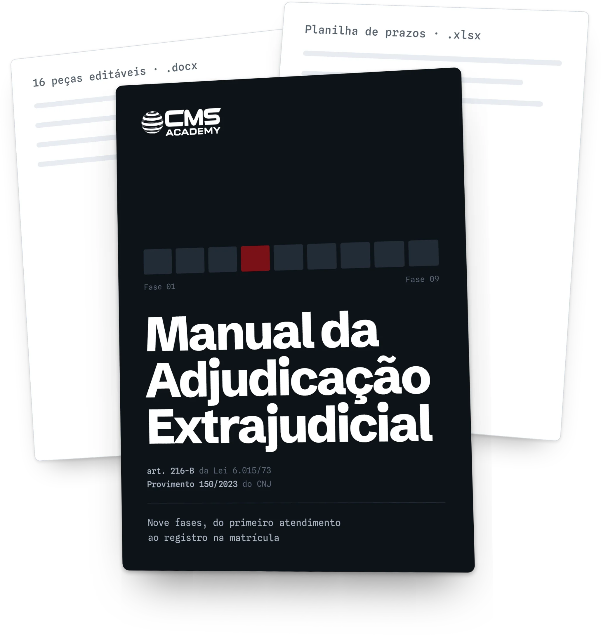 O kit completo: a página da fase 04 do manual com o prazo de 10 dias úteis, a pilha das peças editáveis em .docx e a planilha de controle com os prazos por status